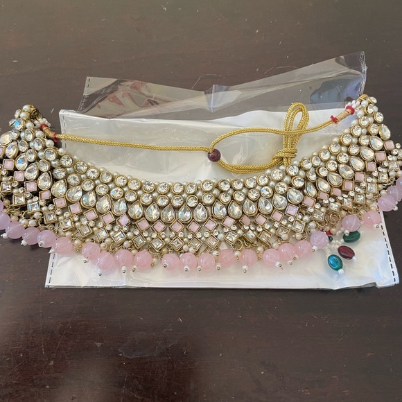 Indian Bollywood gold plated Kunda choker bridal necklace earrings jewelry set - Picture 3 of 5